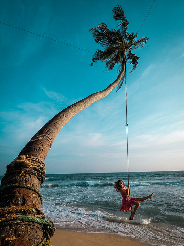 Serene southern palm shore and golden sand of Galle coast